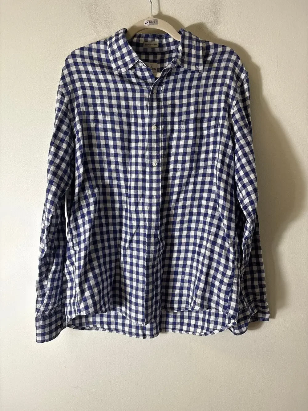 Men's J. Crew Blue Checked Slim Untucked Linen Button Up Shirt Sz L